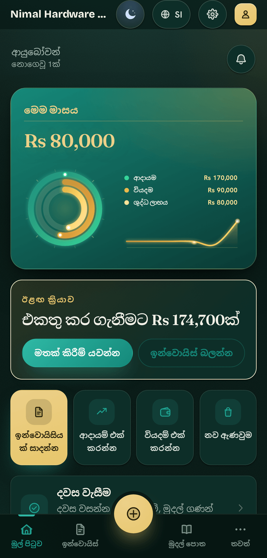 The BillBook Business dashboard running fluently in Sinhala on a phone