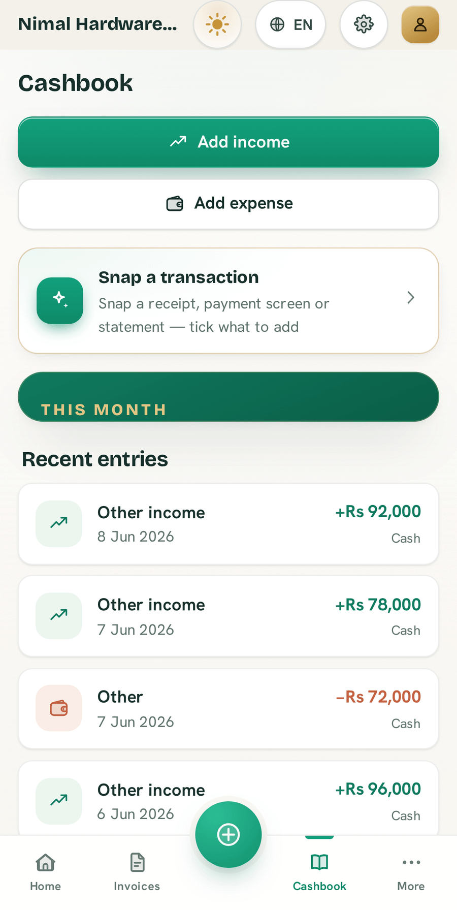BillBook cashbook in the Ledger Light theme