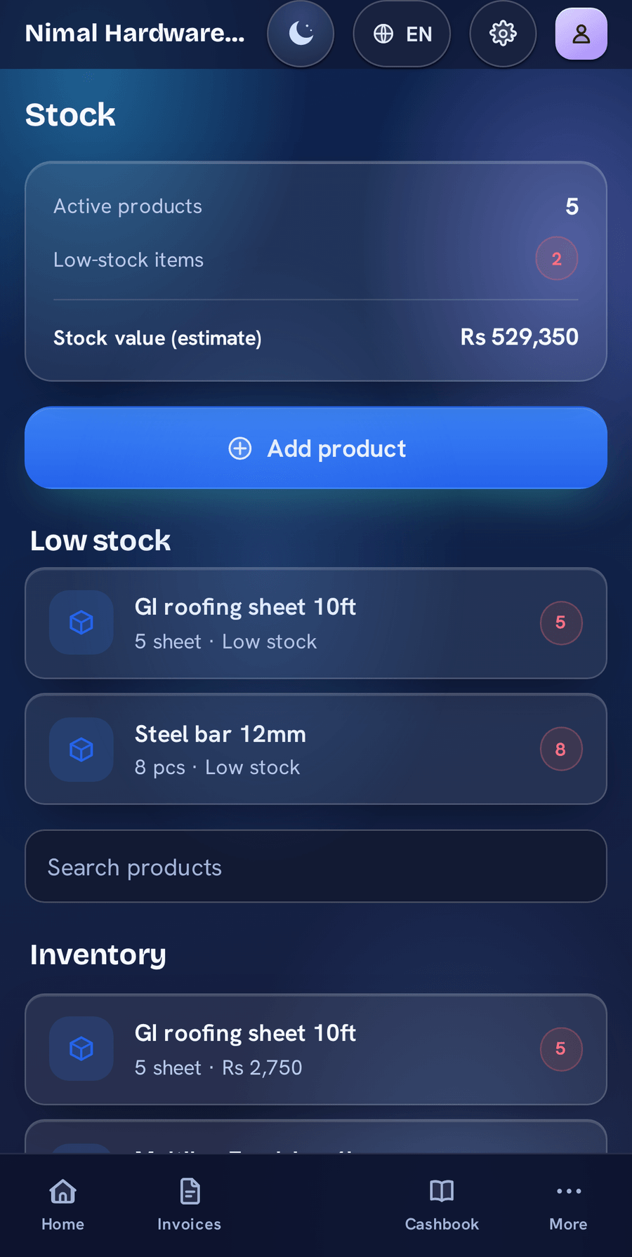 BillBook stock in the Aurora Glass theme